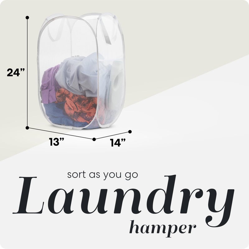 Handy Laundry Collapsible Mesh Pop Up Hamper with Wide Opening and Side Pocket - Breathable, Sturdy, Foldable, and Space-Saving Design for Clothes and Storage (White | 2-Pack) - Image 2